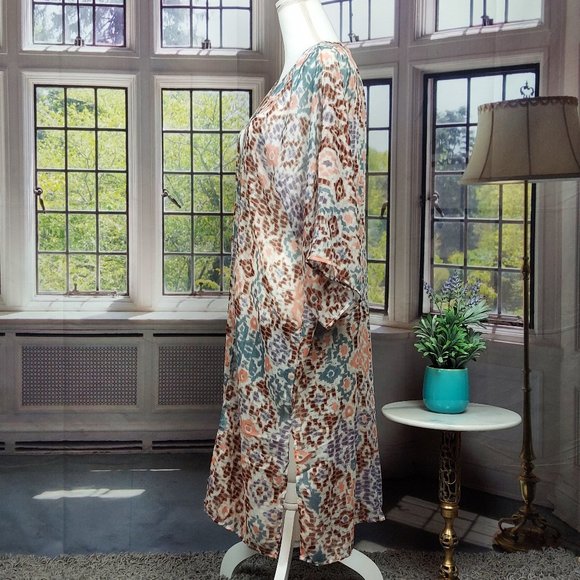 NWT SONOMA WATERCOLOR IKAT LONG KIMONO (BROWN MULTI / OS) - Picture 7 of 10